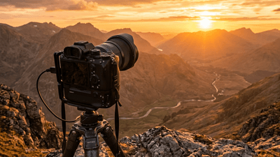Professional camera on a tripod capturing a golden sunset landscape