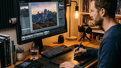 Photo editing workspace with color-calibrated monitor and editing software