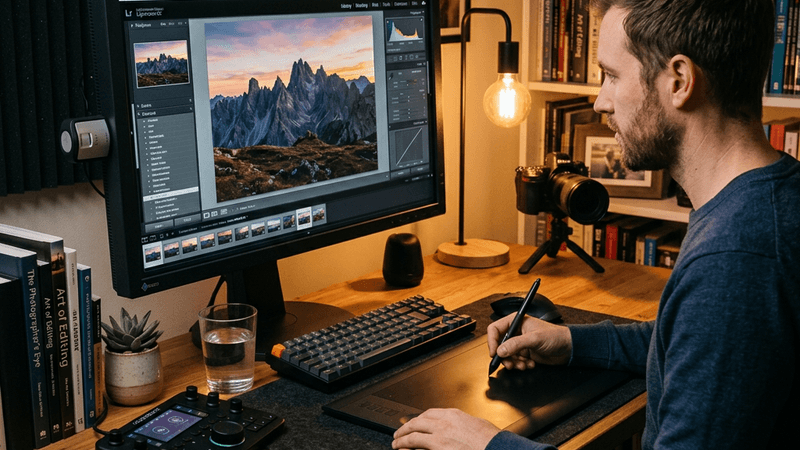 Photo editing workspace with color-calibrated monitor and editing software