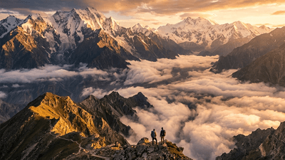 Dramatic mountain landscape with clouds and golden hour lighting